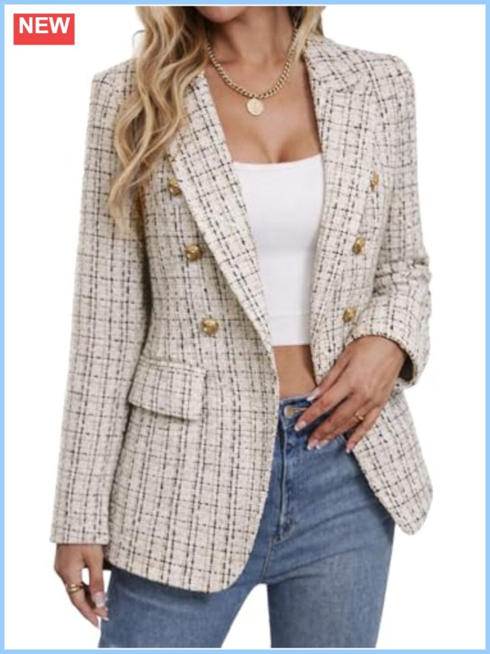 Women's Tweed Blazer Plaid Peaked Lapel Double Breasted Business Casual Coat